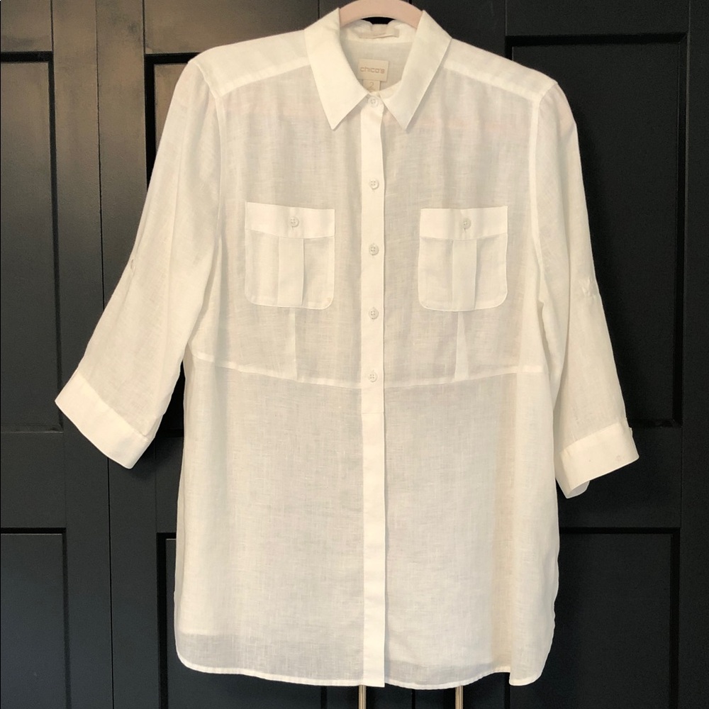 Chico’s White Linen Tunic Button Front Blouse Size 2- Large, excellent